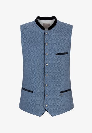 Blau gemusterte ärmellose Weste mit schwarzem Besatz, Stehkragen, silbernen Knöpfen und drei Taschen mit schwarzem Besatz.