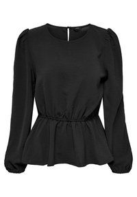 Blouse noire à manches longues avec un col rond, épaules froncées, taille élastiquée et un détail dos en forme de goutte d'eau, réalisée en tissu léger.