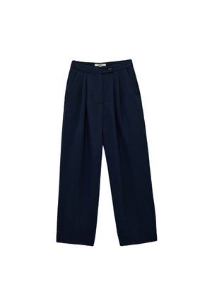 Pantalons bleu marine à jambes larges en tissu lisse, dotés de plis sur le devant, d'une fermeture à bouton et de poches latérales.