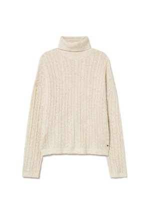 Heller Cremewollpullover mit Rippstruktur und Zopfmuster. Verfügt über lange Ärmel und eine lockere Passform, minimale Markenkennzeichnung.