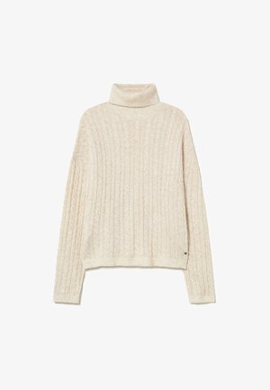 Heller Cremewollpullover mit Rippstruktur und Zopfmuster. Verfügt über lange Ärmel und eine lockere Passform, minimale Markenkennzeichnung.