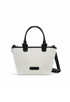 Bolso de lona texturizada blanca con acentos en cuero negro, asas dobles en la parte superior, correa de hombro desmontable y cierre de cremallera.