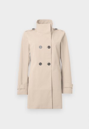 Beige dobbelspent trenchcoat med høy krage, knapper på skulderstroppene, sidelommer og justerbare ermekanter.