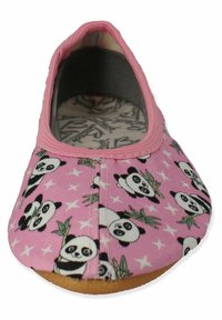 Rosa flache Tasche mit Panda-Muster, verziert mit grünen Bambusakzenten und weißen Sternen. Weiches Innenfutter mit runder Zehenpartie und flexiblem Fußbett.