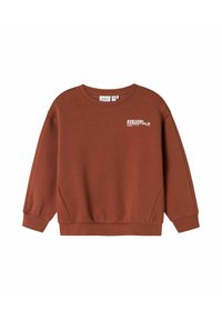 Bruine sweatshirt met een ronde hals, lange mouwen en geribde boorden. Heeft witte tekst "everyday ESSENTIALS" op de borst. Zachte stofstructuur.