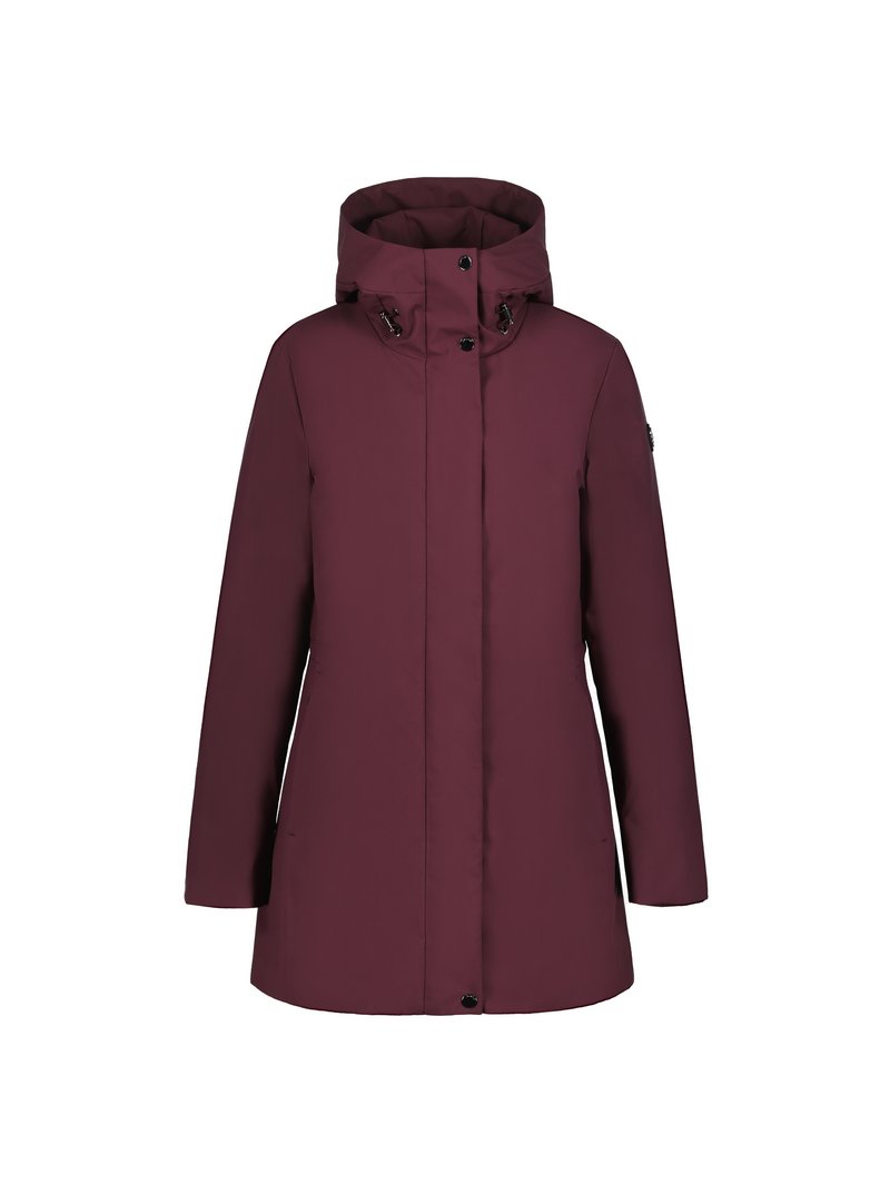 Abrigo impermeable burdeos con capucha, mangas largas, cremallera frontal y botones a presión. La tela parece suave con detalles de diseño minimalistas.