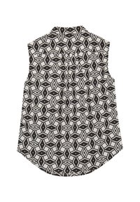 Top senza maniche con colletto, caratterizzato da un motivo geometrico a diamante bianco e nero e dettagli con pieghe sul retro.