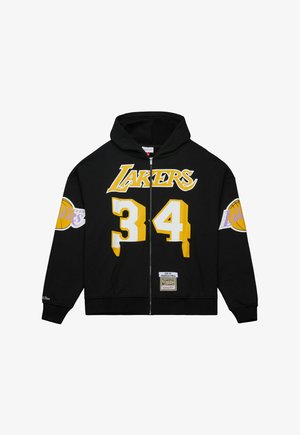 Hoodie à fermeture éclair noire avec le texte "LAKERS" en jaune, le numéro "34" et des graphiques de basket-ball sur les manches. Matériel en coton avec poches avant.
