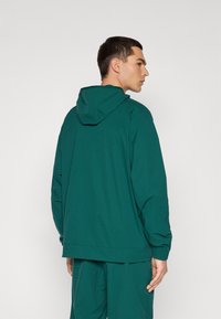 Herre teal hættejakke lavet af glat stof, med en afslappet pasform, elastiske manchetter og et subtilt, minimalistisk design.