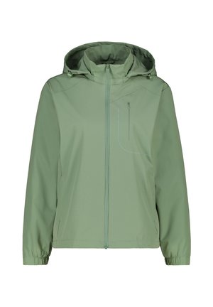 Hellgrüne Kapuzenjacke mit Frontreißverschluss, Brusttaschenreißverschluss, elastischen Bündchen und Seitentaschen, dargestellt vor weißem Hintergrund.