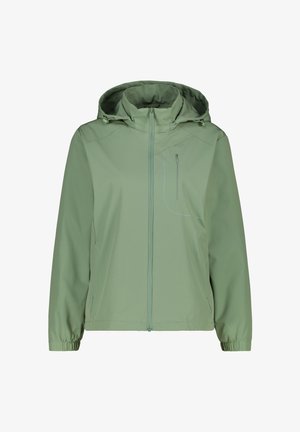 Light green hooded jacket with front zipper, chest pocket zipper, elastic cuffs, and side pockets, shown on white background.