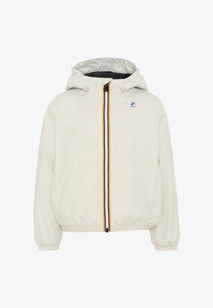 Giacca con cappuccio beige chiaro con cerniera a righe e piccolo logo K-Way blu e rosso sul petto sinistro, polsini ed orlo elasticizzati.