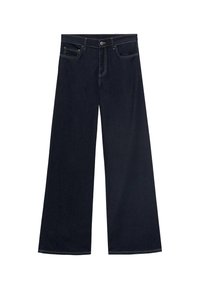 Weite Jeans in dunkelblauem Denim mit gelbfarbenen Nähten, fünf Taschen und einem Knopfverschluss. Glatte Textur, lässiges Design.