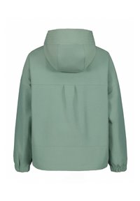 Grüne wasserdichte Jacke mit Kapuze, elastischen Bündchen und lockerer Passform. Verfügt über einen Rückenschlitz für Bewegungsfreiheit und eine glatte Textur.