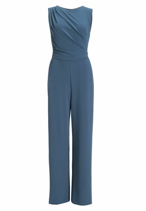 Blue sleeveless jumpsuit with draped front, high neckline, and wide-leg design, made of smooth fabric with a concealed back zipper.