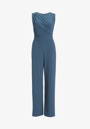 Blauer ärmelloser Jumpsuit mit drapierter Vorderseite, hohem Ausschnitt und weitem Bein Design, aus glattem Stoff mit verborgenem Reißverschluss hinten.