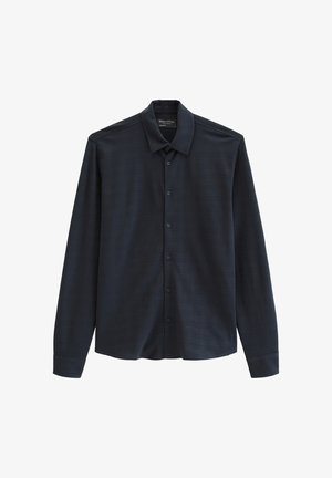 Men's long-sleeve black button-up shirt with subtle checkered pattern and standard collar, displayed flat on white background.