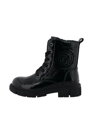 Schwarze, glänzende Leder-Schnürstiefelette mit strukturiertem Absatz und einer Zuglasche an der Rückseite, mit eingeprägtem, rundem Logo an der Seite.