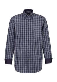 Camicia a maniche lunghe con bottoni in tessuto a quadri navy, bordeaux e bianco. Presenta un colletto a punta, maniche lunghe e una tasca sul petto. Materiale in misto cotone.