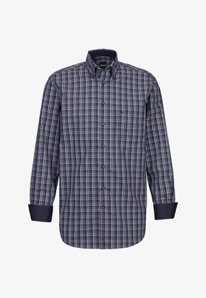 Camicia a maniche lunghe con bottoni in tessuto a quadri navy, bordeaux e bianco. Presenta un colletto a punta, maniche lunghe e una tasca sul petto. Materiale in misto cotone.