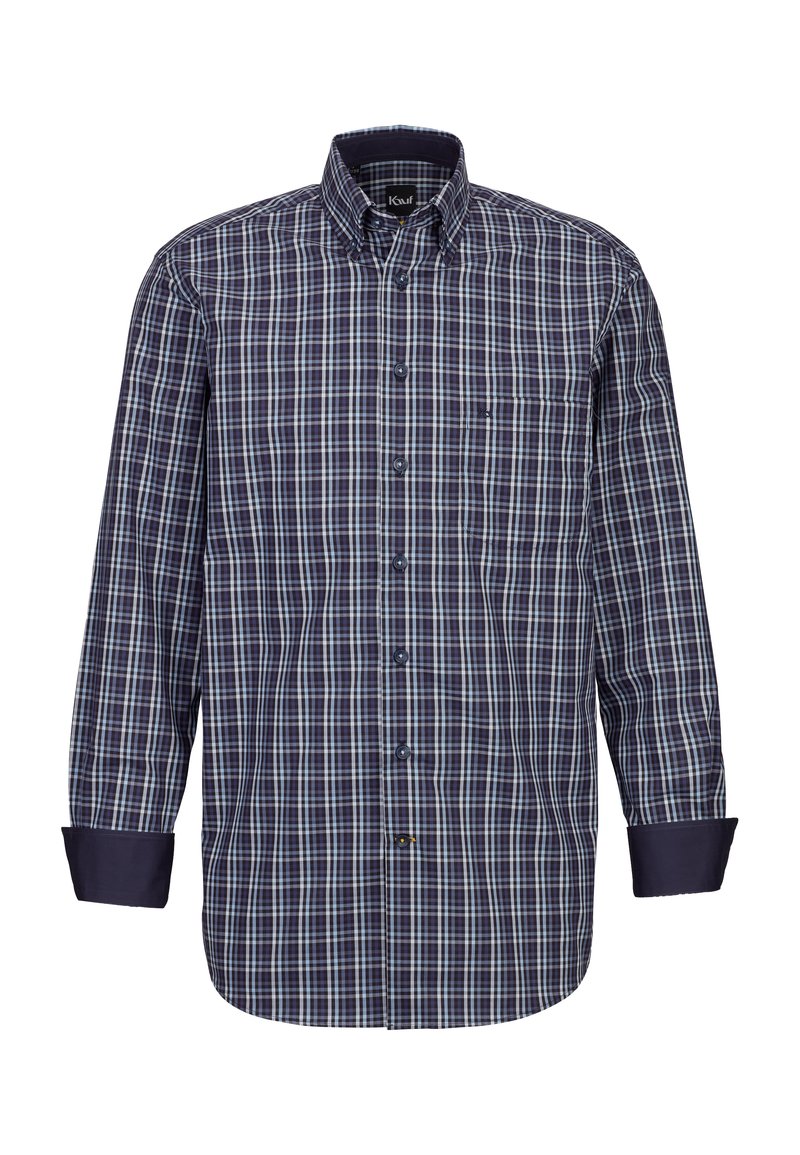 Camicia a maniche lunghe con bottoni in tessuto a quadri navy, bordeaux e bianco. Presenta un colletto a punta, maniche lunghe e una tasca sul petto. Materiale in misto cotone.
