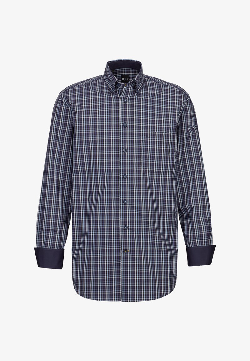 Camicia a maniche lunghe con bottoni in tessuto a quadri navy, bordeaux e bianco. Presenta un colletto a punta, maniche lunghe e una tasca sul petto. Materiale in misto cotone.