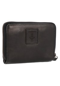 Portefeuille en cuir noir avec fermeture éclair, présentant une surface texturée et un logo d'ancre en relief à l'avant. Forme rectangulaire, design compact.