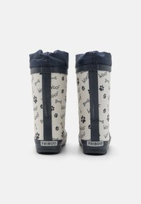 Bottes de pluie en caoutchouc blanches avec un motif d'os de chien et d'empreintes de pattes, accents bleu marine et haut froncé. Marque : FRIBOO.