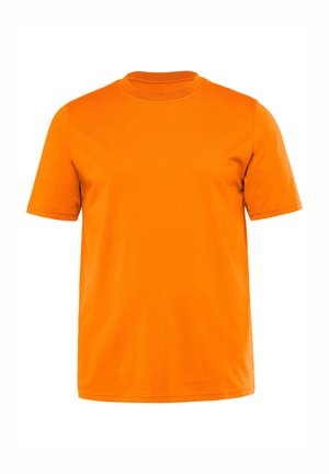 Kurzärmliges T-Shirt mit Rundhalsausschnitt in leuchtendem Orange, aus weicher Baumwolle, mit glatter Textur und geradem Saum, ohne Muster oder Verzierungen.