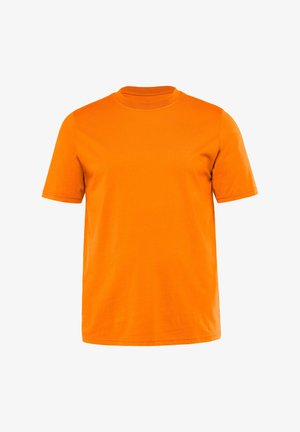 T-shirt à manches courtes et col rond en orange vif, fabriqué en coton doux, avec une texture lisse et un ourlet droit, sans motifs ni accessoires.