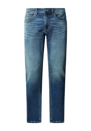 Blaue Jeans mit geradem Bein, verwaschenem Look, Fünf-Taschen-Design und Knopfverschluss an der Taille.