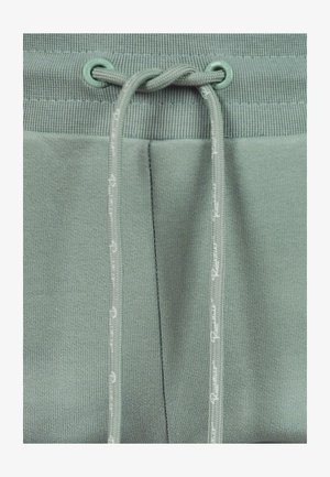 Groene sweatpants hebben een geribbelde tailleband met een trekkoord en gestikte accenten langs de beennaden, gemaakt van zachte, gestructureerde stof.