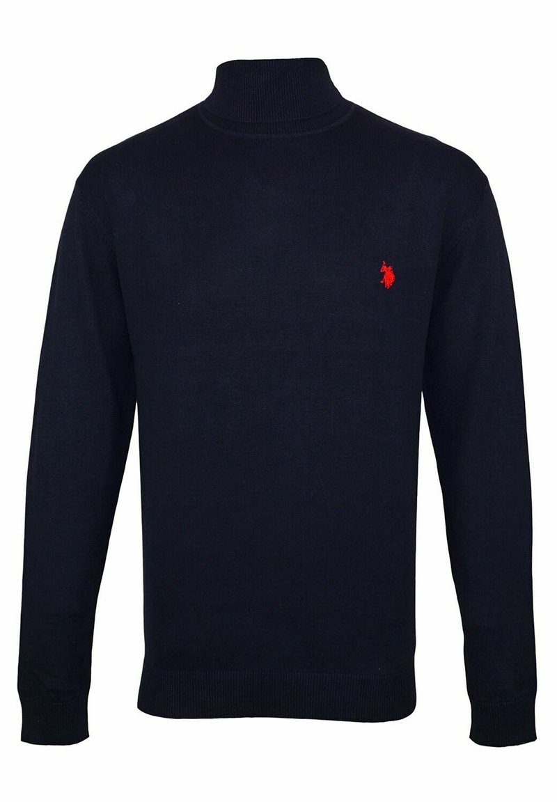 Pull à col roulé bleu marine à manches longues avec poignets et ourlet côtelés, présentant un petit logo rouge brodé sur la poitrine gauche.