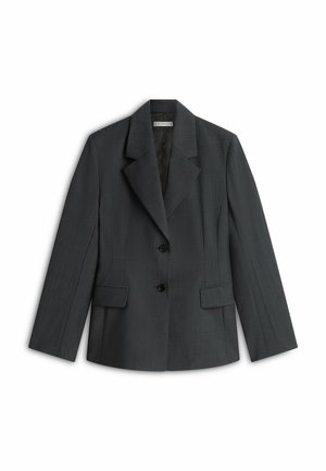 Donkergrijs damesblazer met revers, twee knopen aan de voorkant en klepzakken, plat uitgestald op een witte achtergrond.