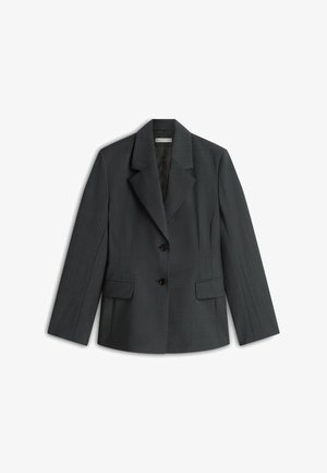 Donkergrijs damesblazer met revers, twee knopen aan de voorkant en klepzakken, plat uitgestald op een witte achtergrond.
