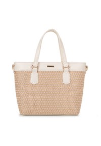 Borsa a tracolla beige texturizzata con un corpo intrecciato a motivo, dettagli in pelle sintetica bianca e manici superiori. Design minimalista con accessori in oro.