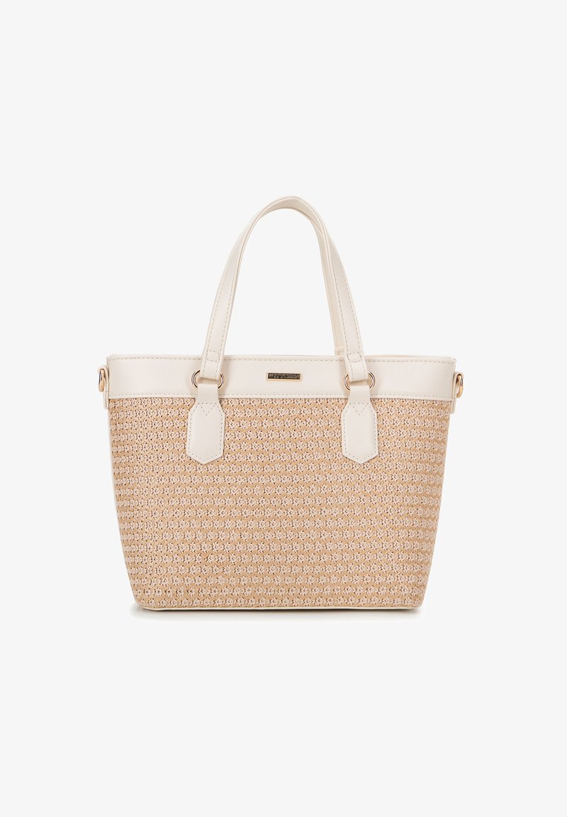 Sac à main texturé beige avec un corps tissé à motifs, des accents en cuir synthétique blanc et des poignées supérieures. Design minimaliste avec quincaillerie dorée.
