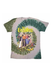 Tie-dye t-shirt featuring a green and gray spiral pattern. The front displays The Beatles graphics with "Yellow Submarine" text.