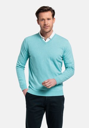 Licht pastelblau V-hals sweater met lange mouwen, gemaakt van zachte breigoed; gecombineerd met donkere broeken, heeft een getailleerd ontwerp.