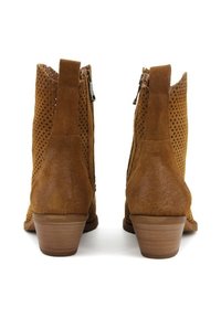 Stivali ankle in suede marrone con lati perforati, tacco basso e inserto posteriore per estrazione, mostrati da dietro su uno sfondo bianco.