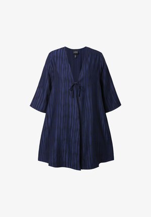 Marineblaue Tunika mit V-Ausschnitt, 3/4-Ärmeln und einer Bindeschließe. Verfügt über ein strukturiertes Muster mit vertikalen Streifen. Hergestellt aus einem leichten Stoff.