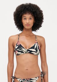 Blomsterbikini-overdel med svart bakgrunn, som har lyse blomster mønstre, tynne justerbare stropper og en trekantet form.