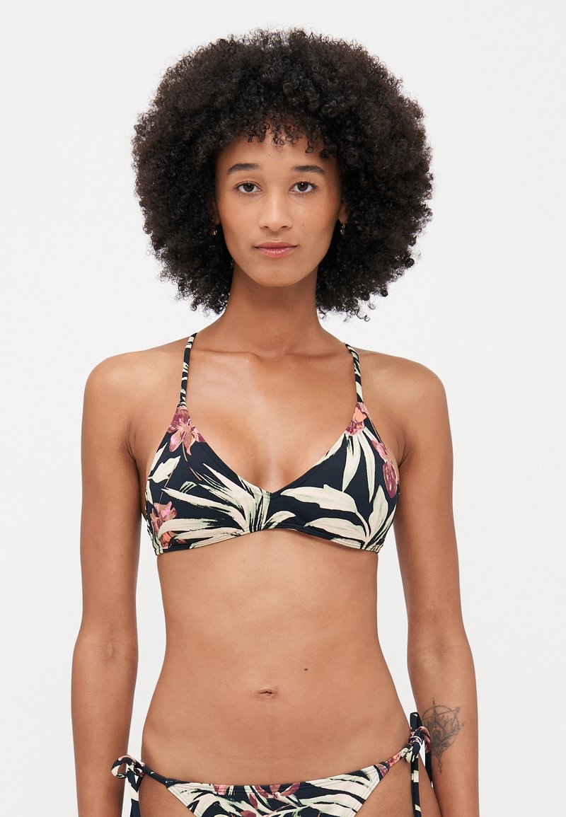 Blomsterbikini-overdel med svart bakgrunn, som har lyse blomster mønstre, tynne justerbare stropper og en trekantet form.