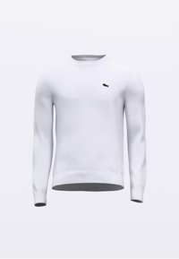 Witte gebreide trui met een ronde hals, lange mouwen, geribbelde manchetten en zoom, met een klein groen geborduurd logo op de borst.