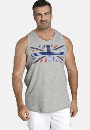 Graues Tanktop mit einem Union-Jack-Design in blauen, roten und schwarzen Streifen. Hergestellt aus weichem Baumwollmaterial, mit lockerer Passform und rundem Ausschnitt.