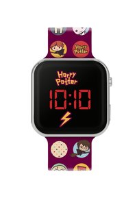 Montre numérique Harry Potter avec un cadran noir affichant des chiffres rouges. Le bracelet violet présente des motifs de personnages de dessin animé colorés et des logos.