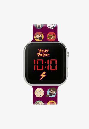 Harry Potter digitale horloge met een zwarte wijzerplaat die rode cijfers weergeeft. Paarse band met kleurrijke patronen van cartoonfiguren en logo's.