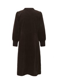 Donkerbruine corduroy jurk met lange pofmouwen, een ronde halslijn en een taillering, met een soepele textuur en een knielange zoom.