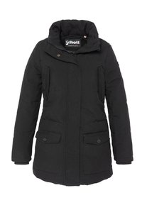 Abrigo de invierno acolchado negro con cuello alto, cierre de cremallera y botón a presión, dos bolsillos delanteros con tapa y dos bolsillos horizontales con cremallera en el pecho.