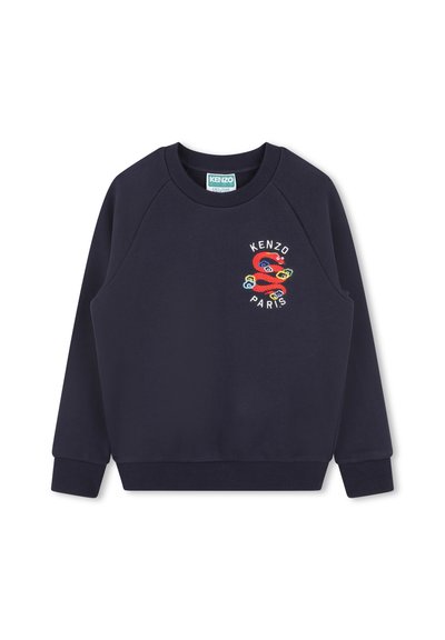 Sweatshirt bleu marine avec des manches raglan, présentant un design multicolore brodé d'un serpent et le texte "KENZO PARIS" sur le devant.